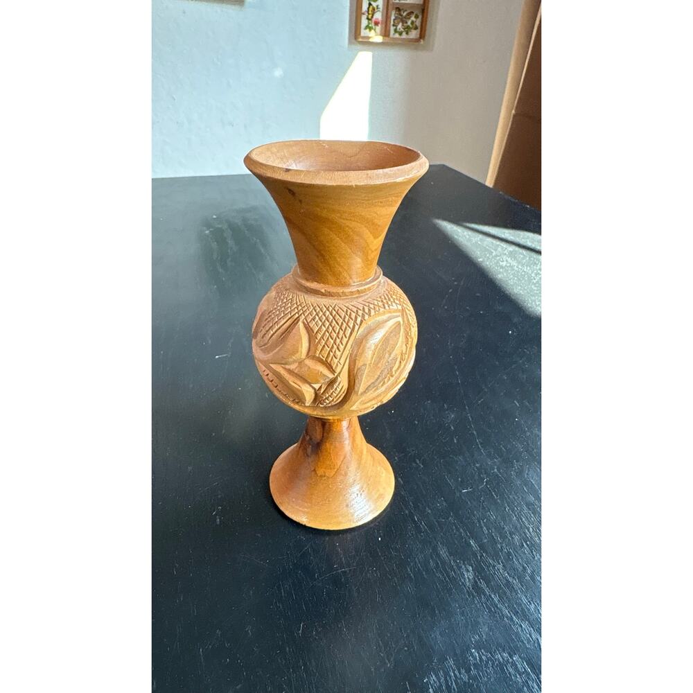 Vintage Mini Wood Carved Decor Florals Medium Brown Bud Vase- 5.5" Neutral Boho - Picture 3 of 7